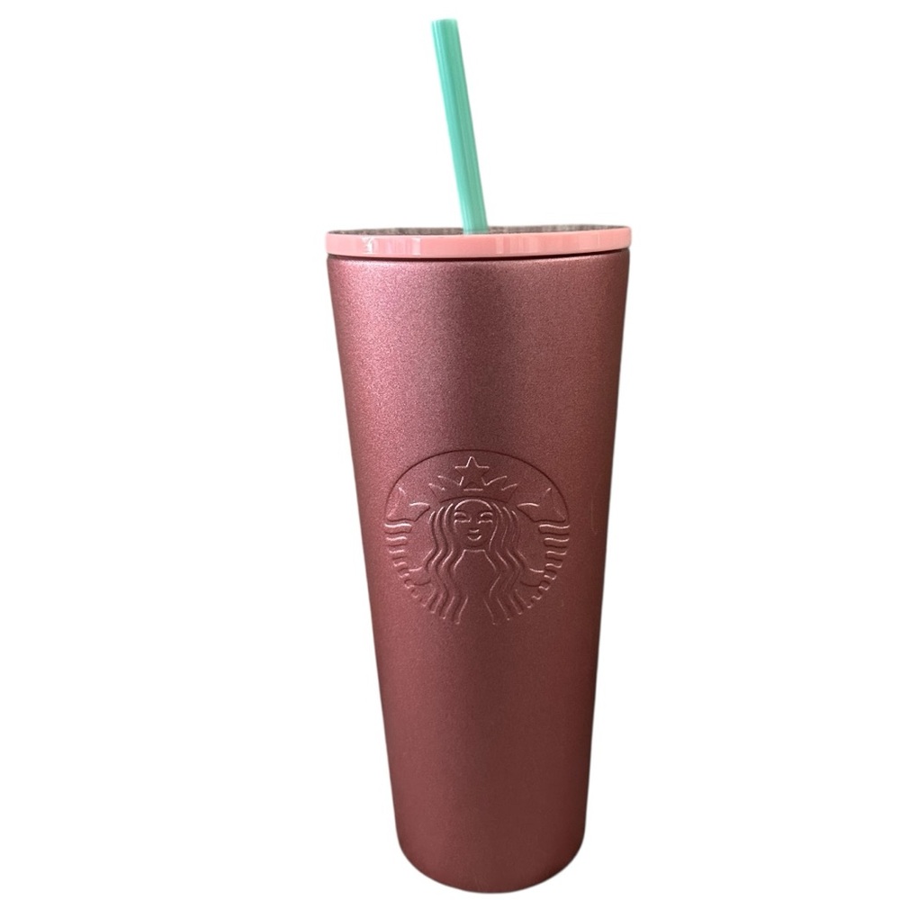 Starbucks 2020 Rose Tumbler with a Light Pink Screw Top & a Light Blue Straw.